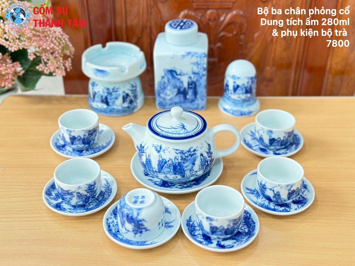 Ấm Chén Men Lam Trơn | Chân Phỏng Cổ