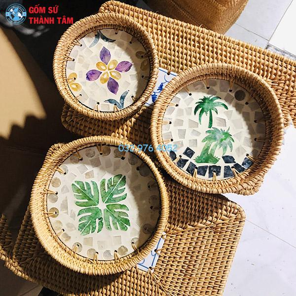 Đĩa sứ viền mây tre đan Mosaic mẫu 01