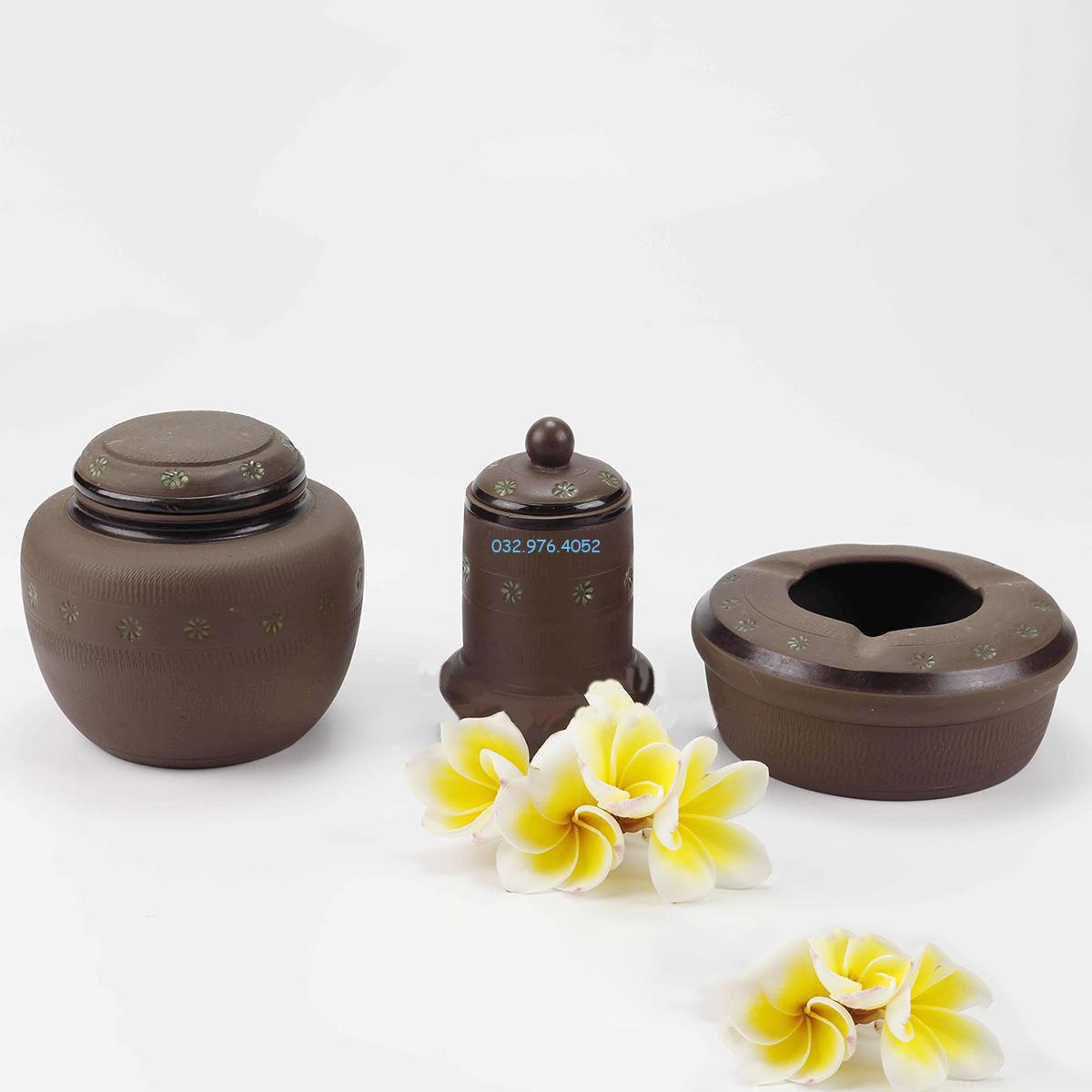 Bộ phụ kiện ấm chén khắc hoa văn gốm Bát Tràng giá rẻ