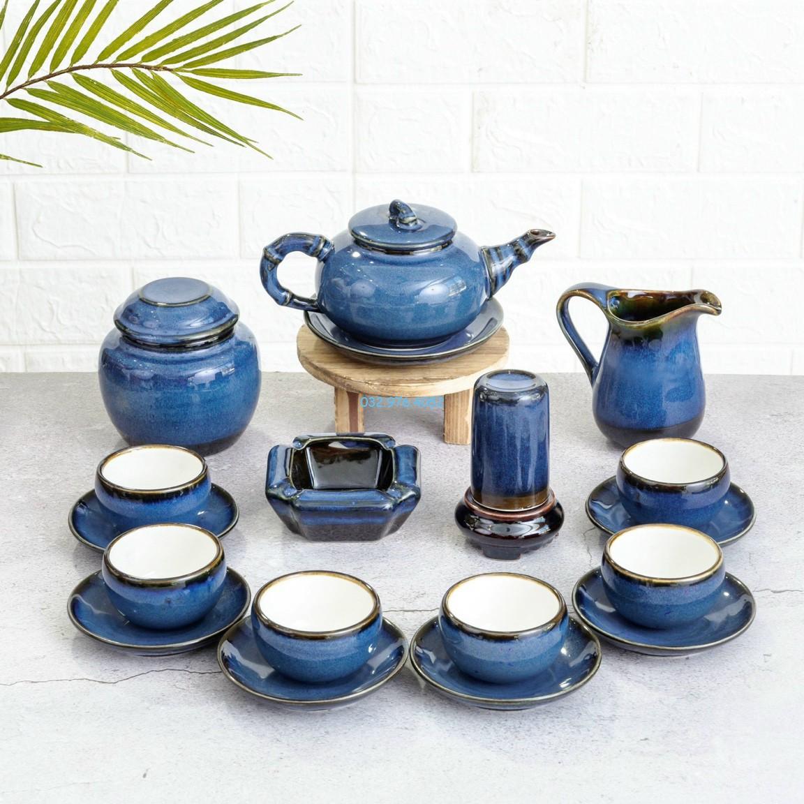 Bộ ấm trà hỏa biến xanh ngọc gốm Bát Tràng chính hãng