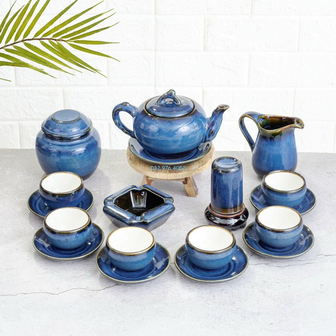 Bộ ấm trà hỏa biến xanh ngọc gốm Bát Tràng chính hãng