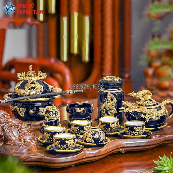Ấm chén bọc đồng mạ vàng xanh coban bộ rồng phượng