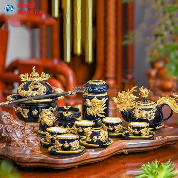 Ấm chén bọc đồng mạ vàng xanh coban kỳ lân