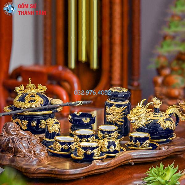 Ấm chén bọc đồng mạ vàng xanh coban kỳ lân