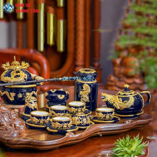 Ấm chén bọc đồng mạ vàng xanh coban rồng