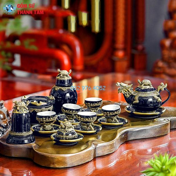 Ấm chén bọc đồng mạ vàng xanh coban rồng rùa