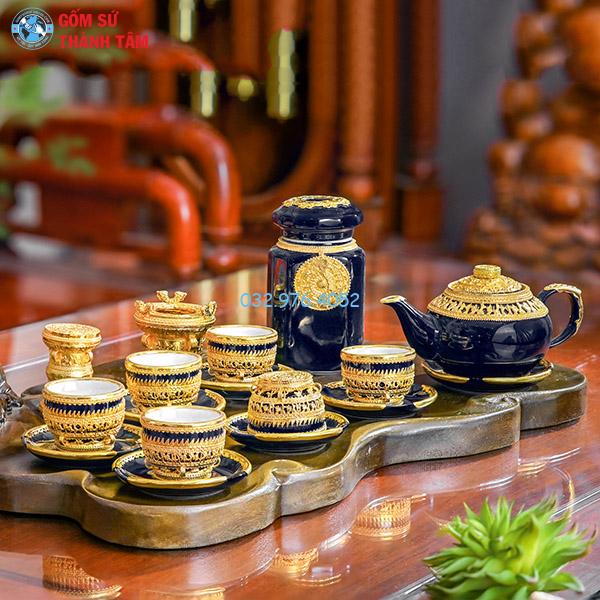 Ấm chén bọc đồng mạ vàng xanh coban trống đồng