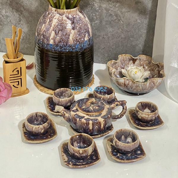 Ấm Chén Hỏa Biến Men Tím Thạch Anh