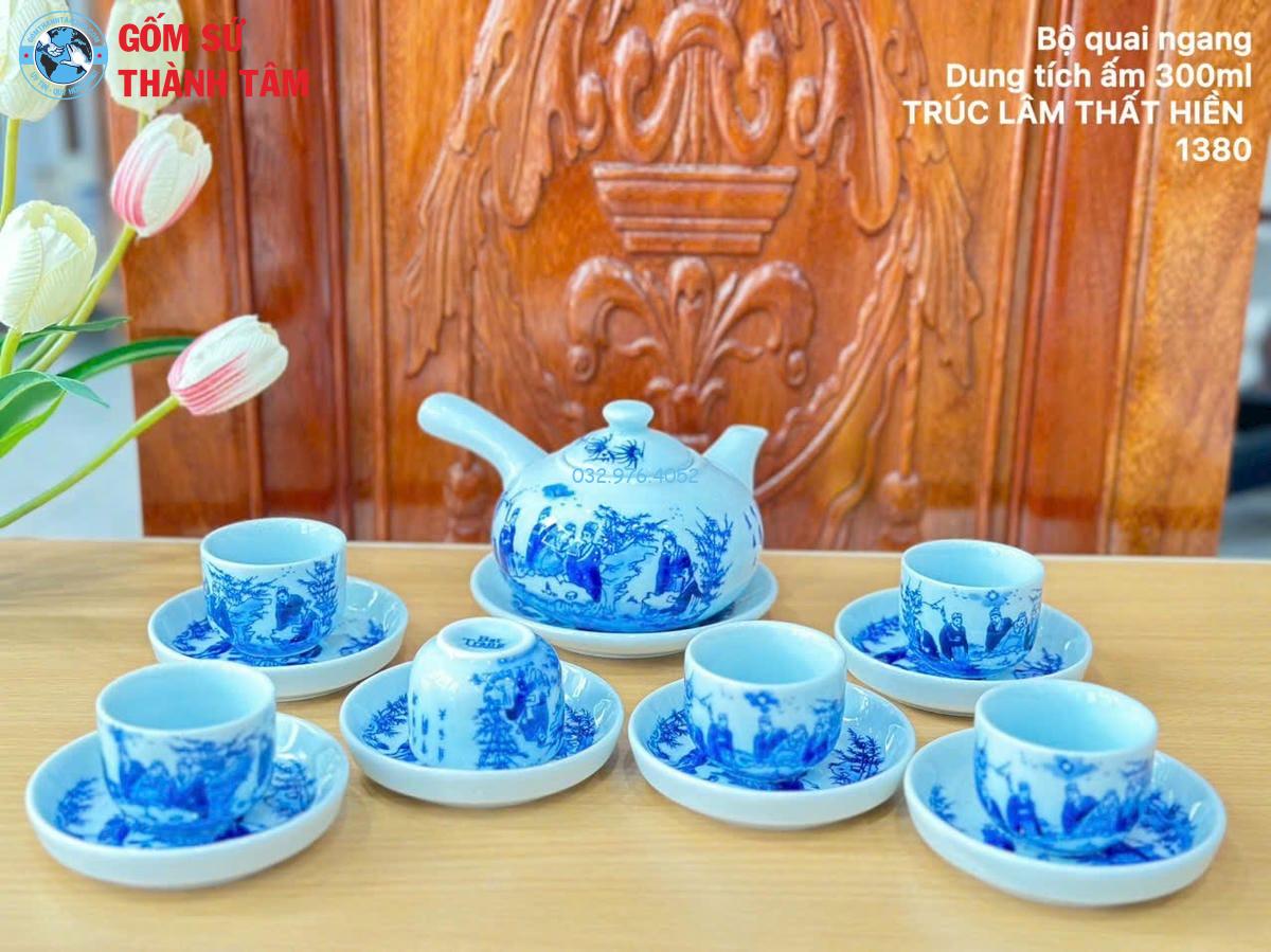 Ấm Chén Men Lam Trơn | Quai Chuôi Ngang