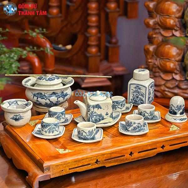 Ấm chén men rạn trơn bộ vuông