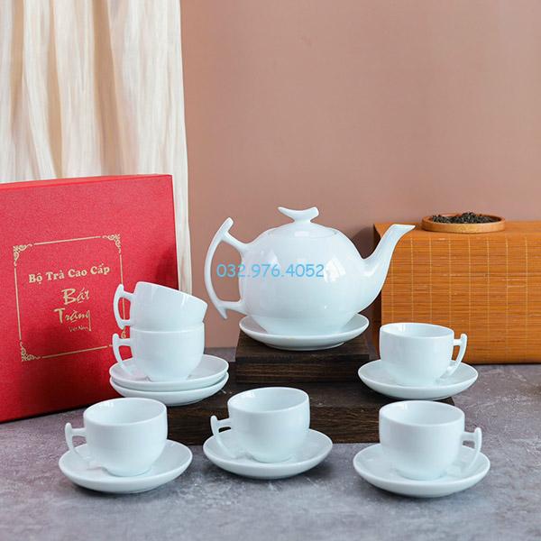 Ấm Chén Trắng Dáng Bưởi Cành