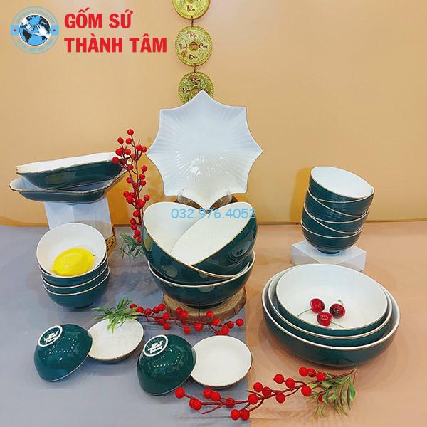 Bát đĩa xanh ngọc men xanh lòng trắng