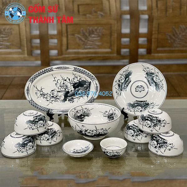 Bát đĩa giả cổ hoa sen decal