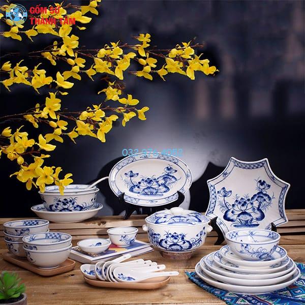 Bát đĩa giả cổ sen xanh vẽ kỹ