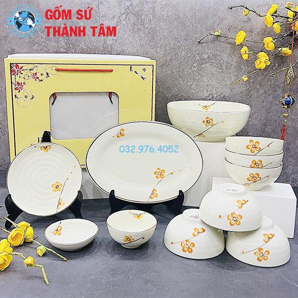 Bát đĩa men kem vẽ tay hoa mai