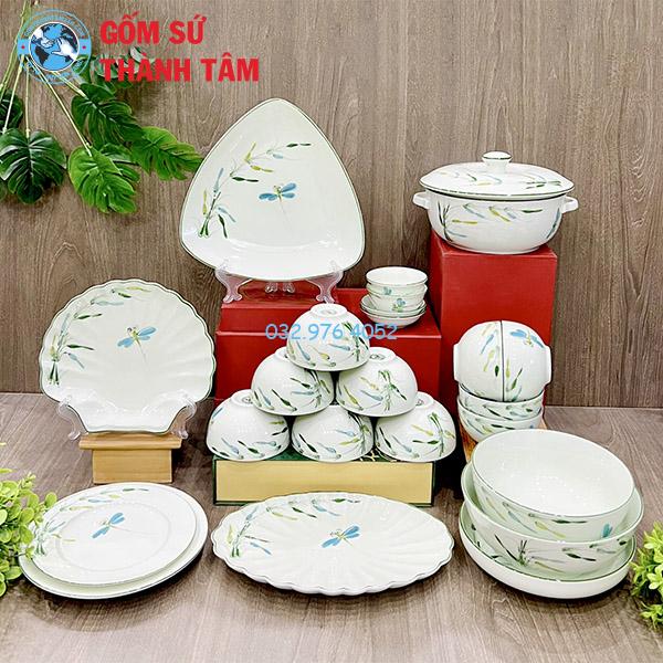 Bát đĩa men kem vẽ tay hoạ tiết chuồn chuồn