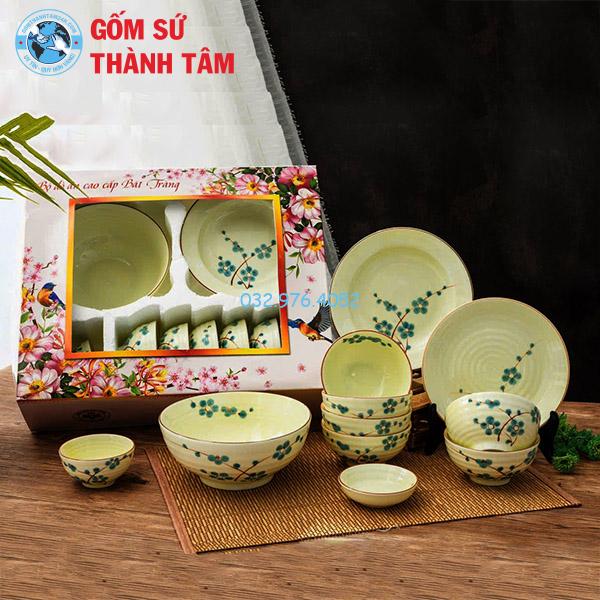 Bát đĩa men kem vẽ tay hoa xanh