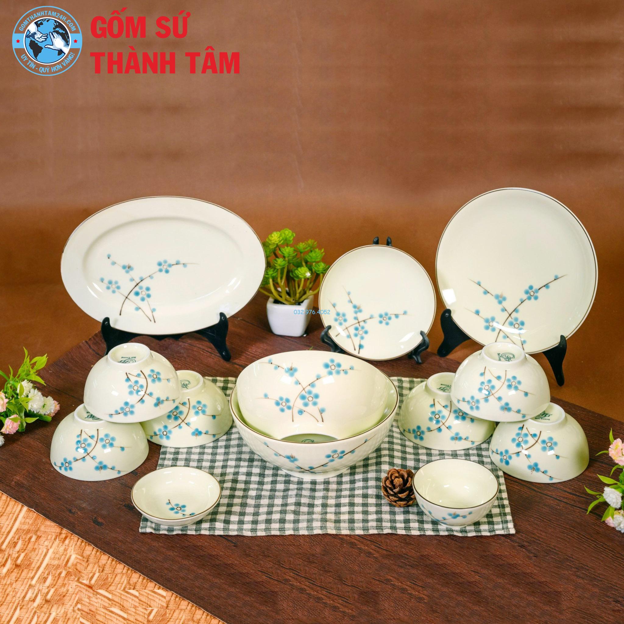 Bát đĩa men kem vẽ tay hoa xanh