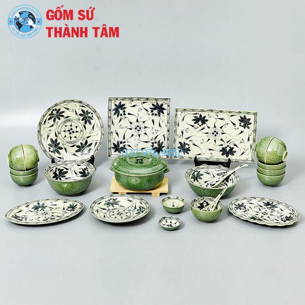 Bát đĩa men trắng vẽ tay men xanh đa dạng