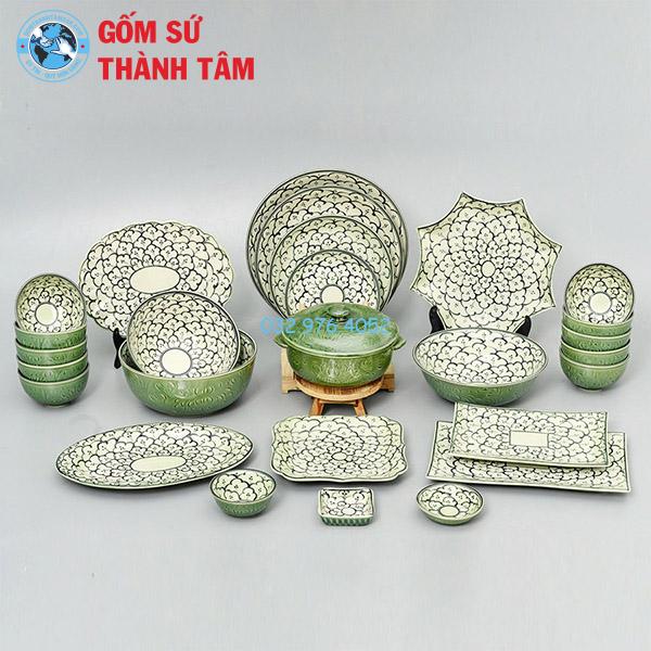 Bát đĩa men trắng vẽ tay men xanh đa dạng