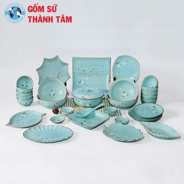 Bát đĩa nhà hàng men xanh vẽ hoạ tiết đào trắng