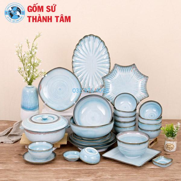 Bát đĩa nhà hàng xanh hoả biển nhạt
