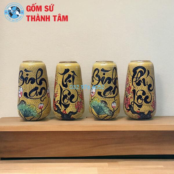 Bình hoa bát tràng khắc nổi chữ