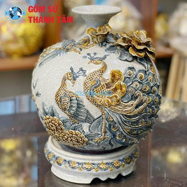 Bình hút lộc men rạn chim công đắp nổi trơn