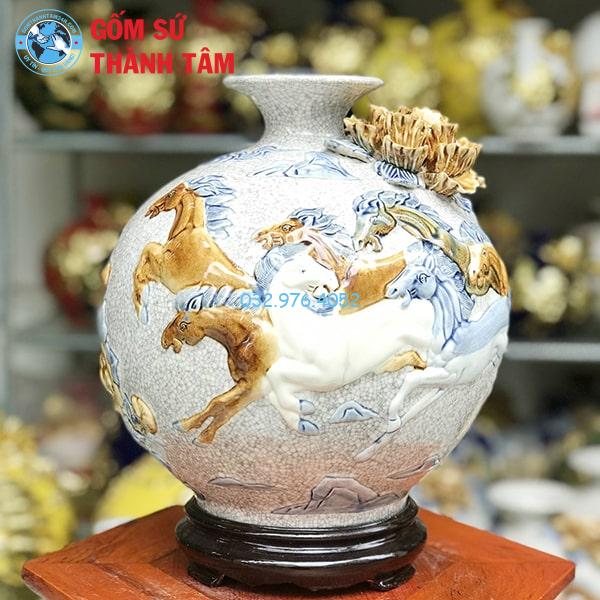 Bình hút lộc men rạn mã đáo thành công đắp nổi trơn