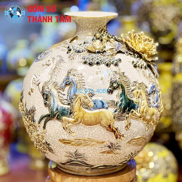 Bình hút lộc men rạn mã đáo thành công đắp nổi vẽ vàng