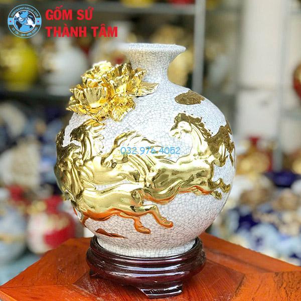 Bình hút lộc men rạn mã đáo thành công rẻ đắp nổi dát vàng