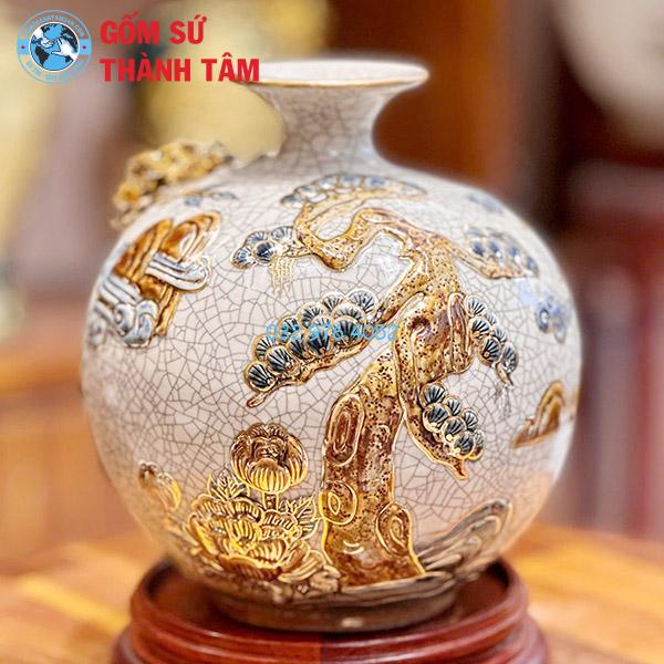 Bình hút lộc men rạn thuận buồm xuôi gió đắp nổi vẽ vàng