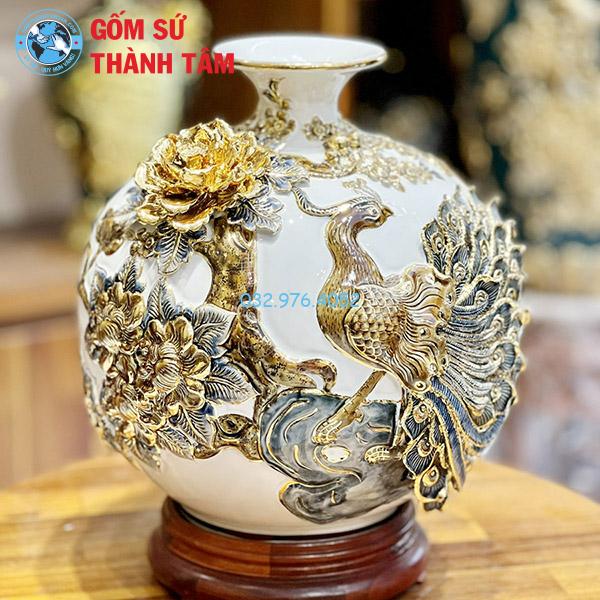 Bình hút lộc mệnh kim mã công đào đắp nổi vẽ vàng