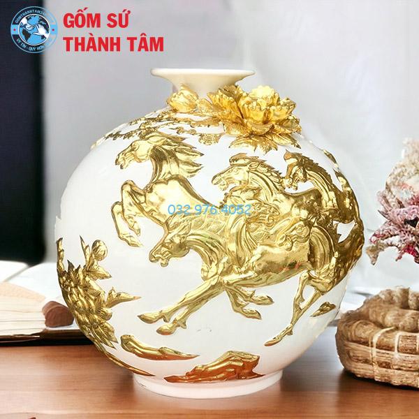 Bình hút lộc mệnh kim mã đáo thành công đắp nổi dát vàng