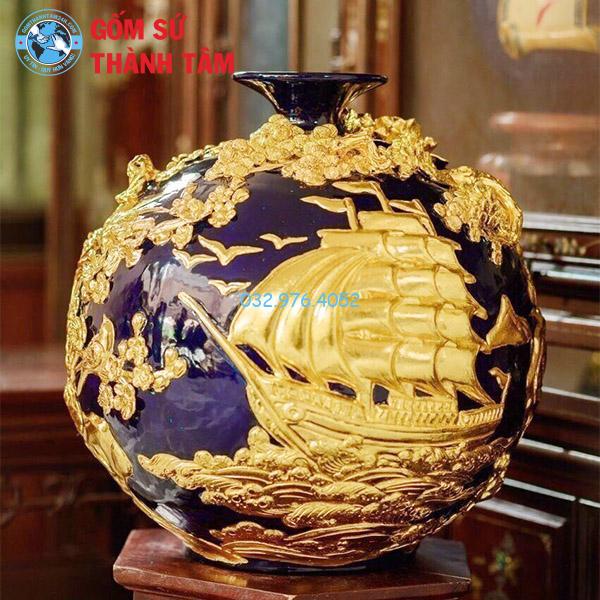 Bình hút lộc mệnh Thuỷ thuận buồm xuôi gió đắp nổi dát vàng