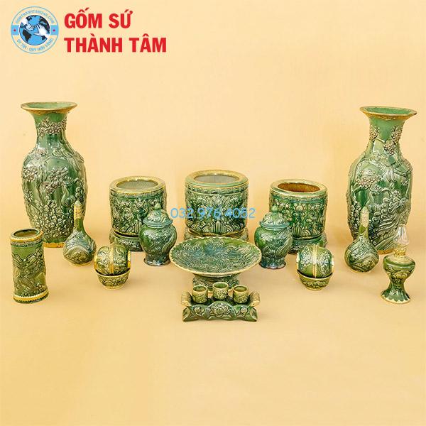 Bộ đồ thờ men ngọc lục bảo tổng thể rồng bát hương không đỉnh hạc
