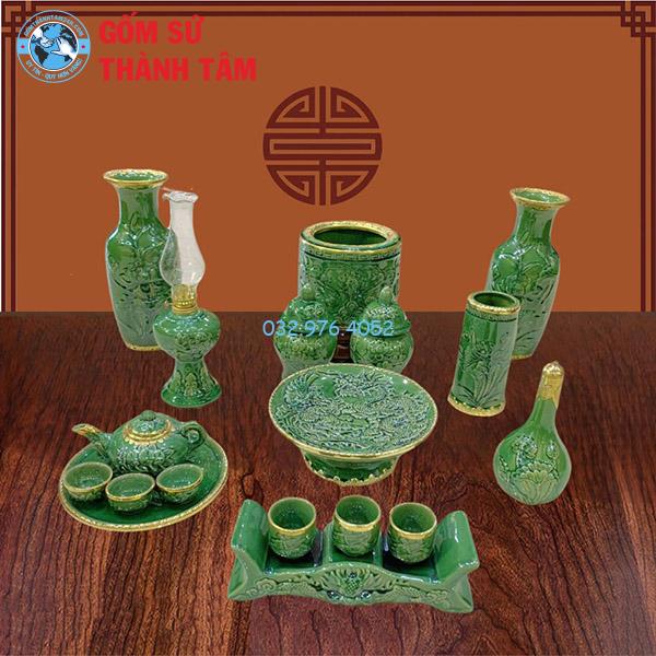 Bộ đồ thờ men ngọc lục bảo tổng thể rồng bát hương thần tài