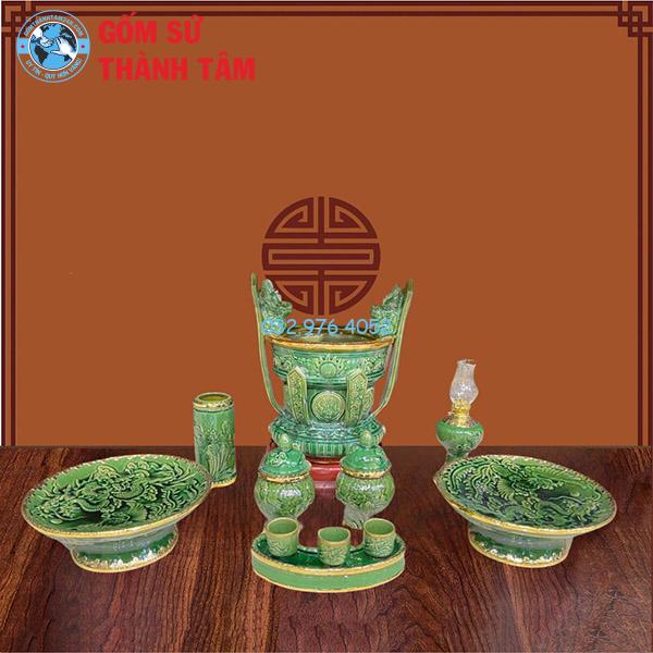 Bộ đồ thờ men ngọc lục bảo tổng thể rồng bát hương thần tài