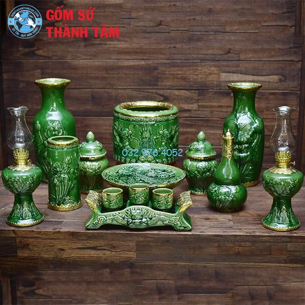 Bộ đồ thờ men ngọc lục bảo tổng thể rồng bát hương treo tường
