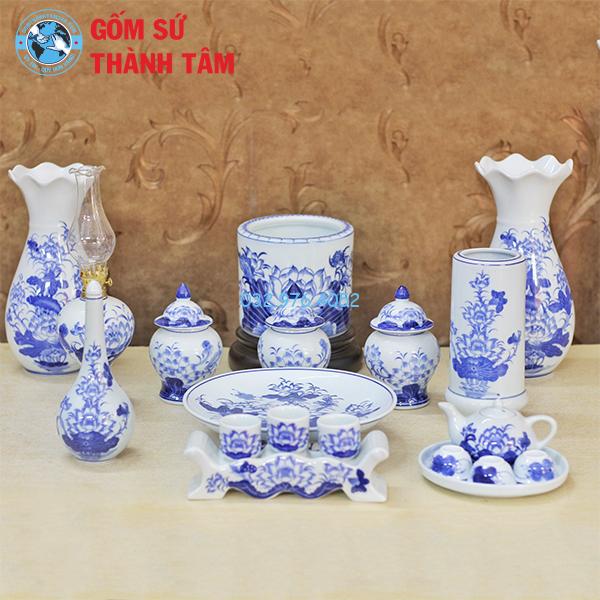 Bộ đồ thờ thần tài men trắng sen