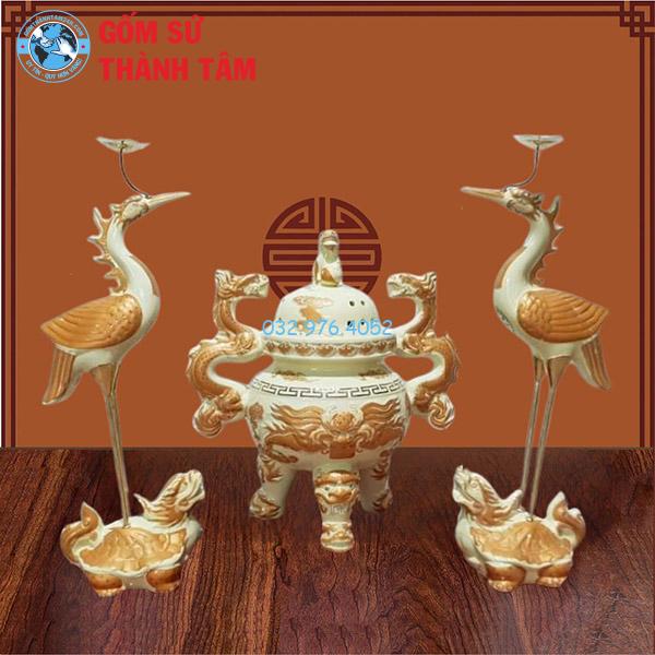 Bộ Lư Hương Đỉnh Hạc Men Vàng