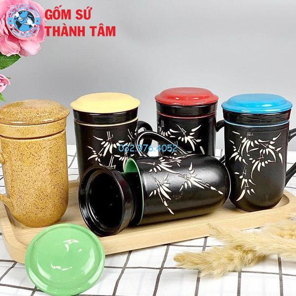 Cốc Lọc Trà Gốm Nâu Khắc Nổi