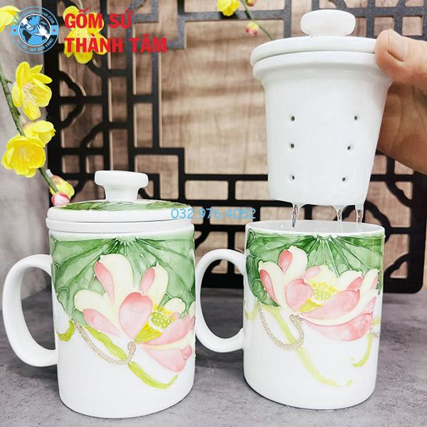 Cốc Lọc Trà Men Trắng Vàng Kim