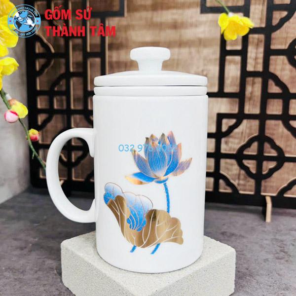 Cốc Lọc Trà Men Trắng Vàng Kim