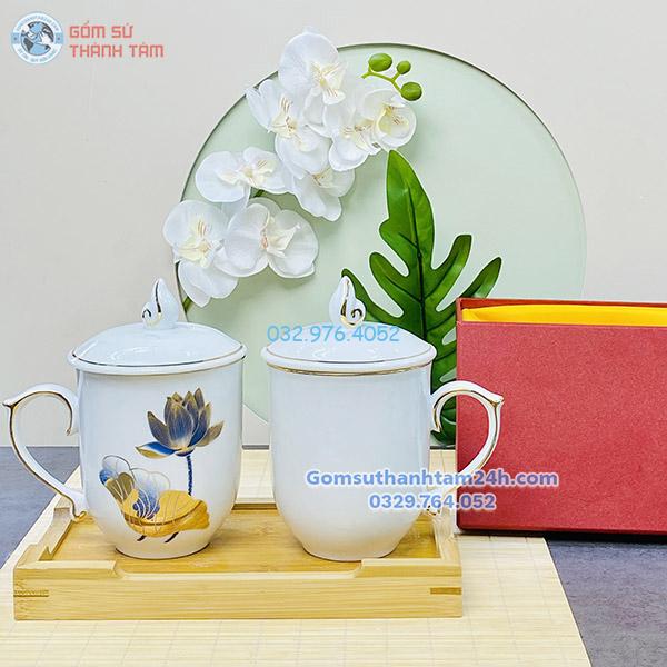 Mẫu cốc ly gốm sứ họa tiết hoa sen