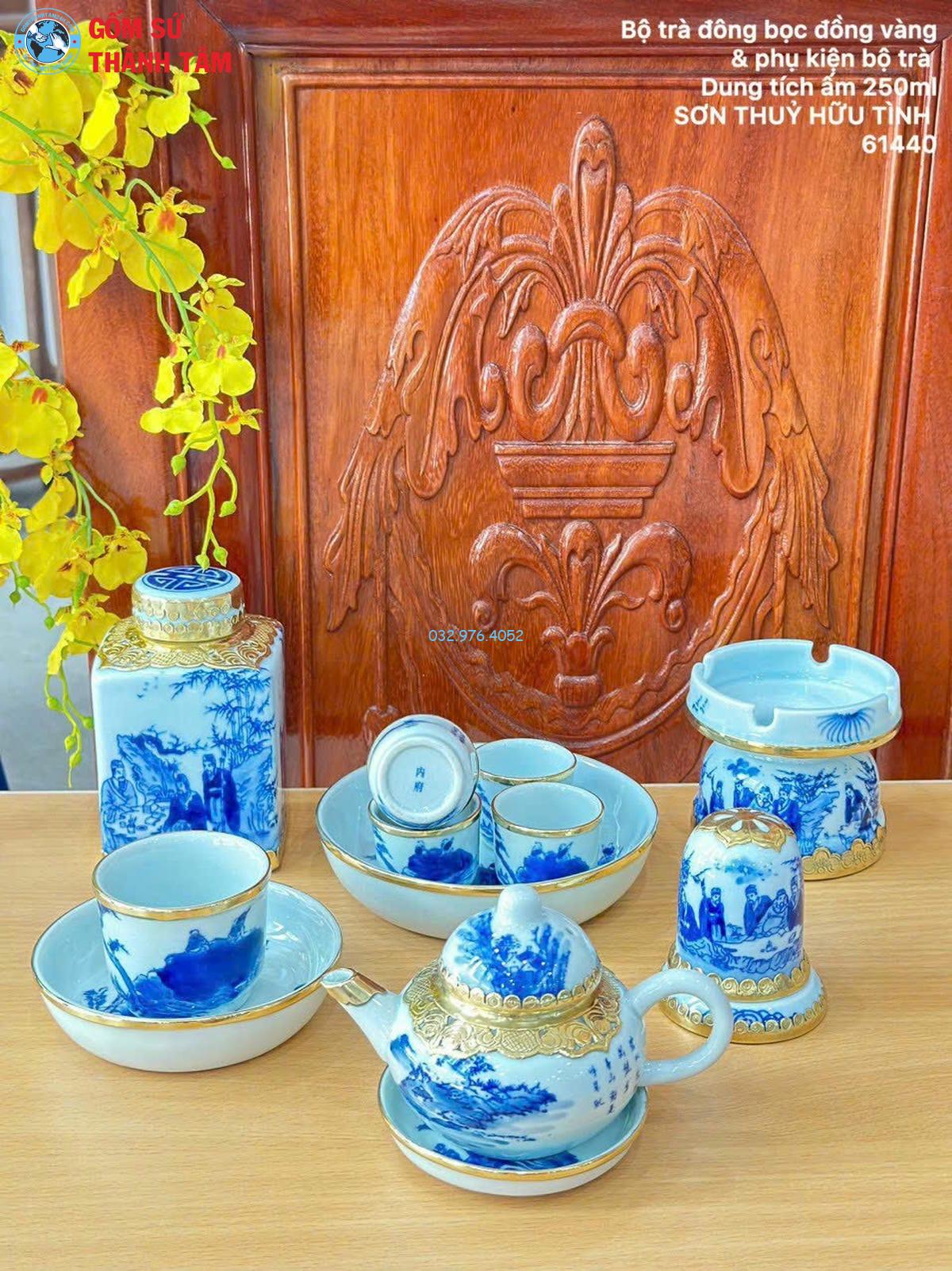 Combo Ấm Chén Men Lam Bọc Đồng | Khay Tròn
