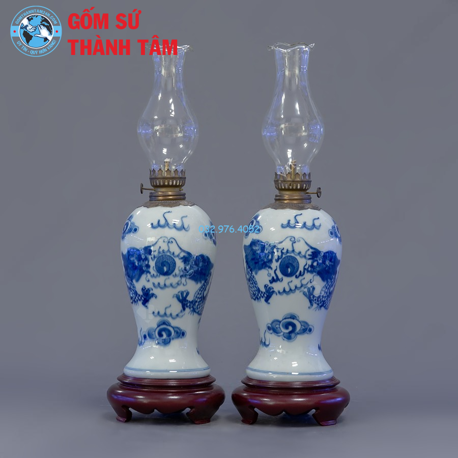 Đèn Dầu Thờ Men Trắng Rồng