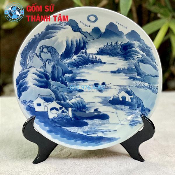 Đĩa sứ lưu niệm trắng họa tiết xanh