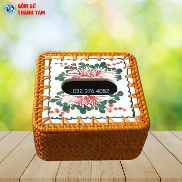 Đĩa sứ viền mây tre đan hộp vuông