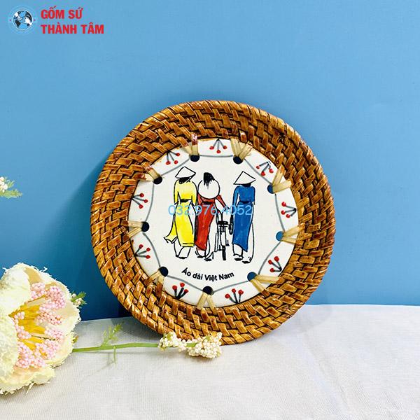 Đĩa sứ viền mây tre đan tròn kê cốc